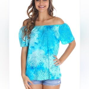 Hilo Hattie Hawaiian Original Top Women's Size XL Turquoise Coral Print Peasant